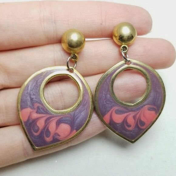 Vintage Purple and Pink Enamel Dangle Earrings, Fun 80s 90s Style, Barbie - Picture 5 of 6